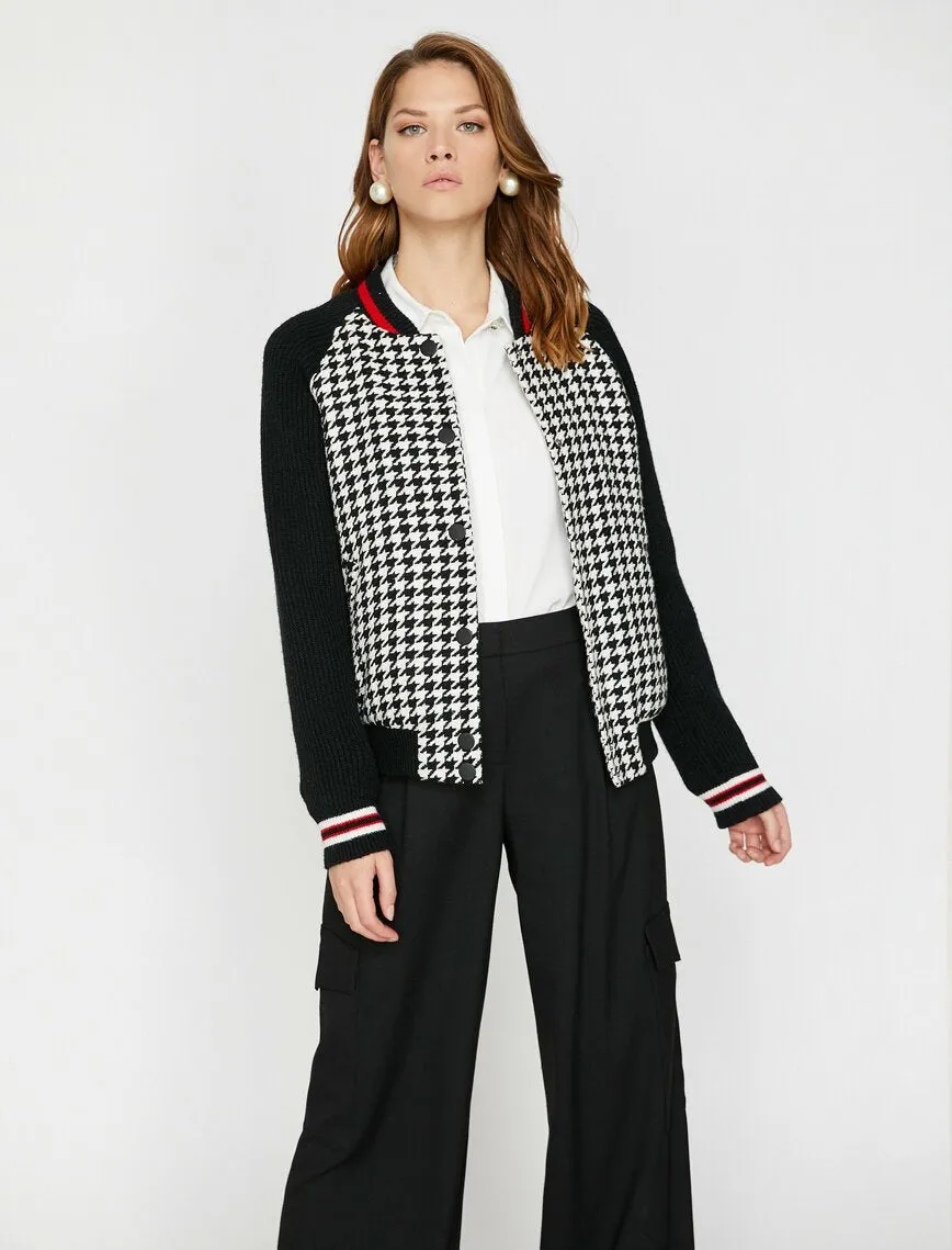 16530 Black Knitted Sleeve Patterned Bomber Jacket