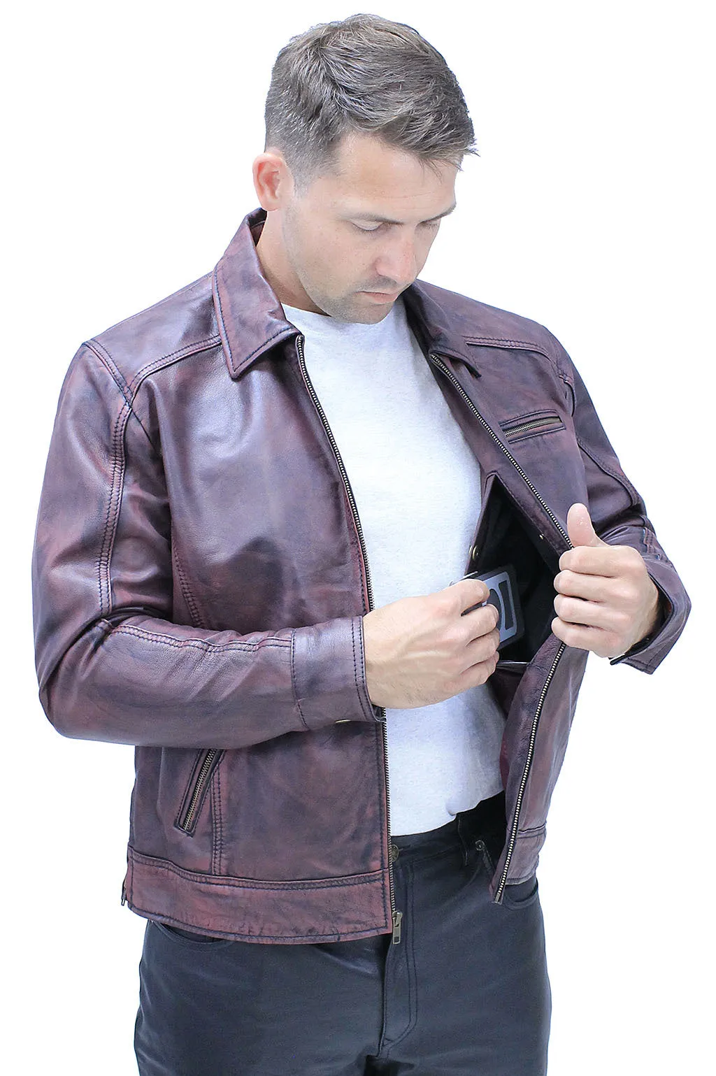 1950's Burgundy Distressed Leather Jacket w/CC Pockets #MA1959GR