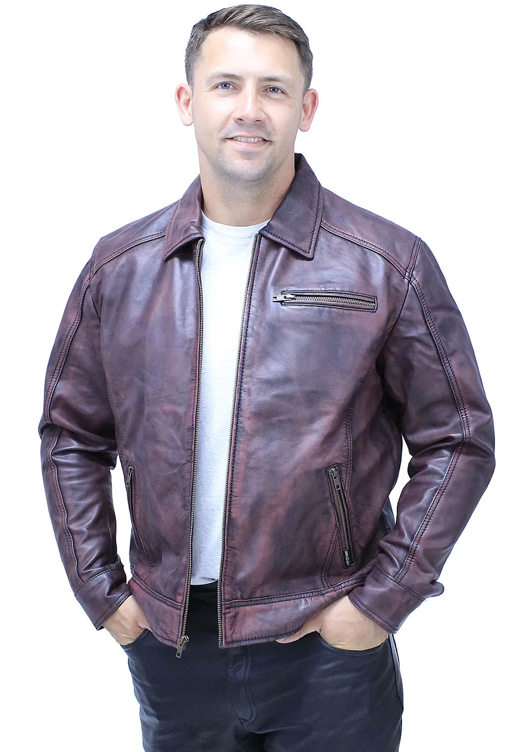 1950's Burgundy Distressed Leather Jacket w/CC Pockets #MA1959GR