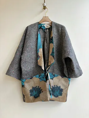 Black & White Multi Colored Speckled Chore Jacket w/ Flower Brocade Accent