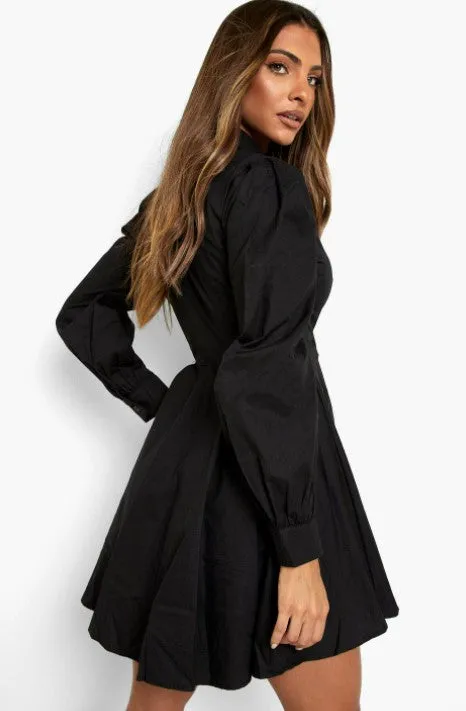 Black Cotton Balloon Sleeve Pleat Detail Shirt Dress