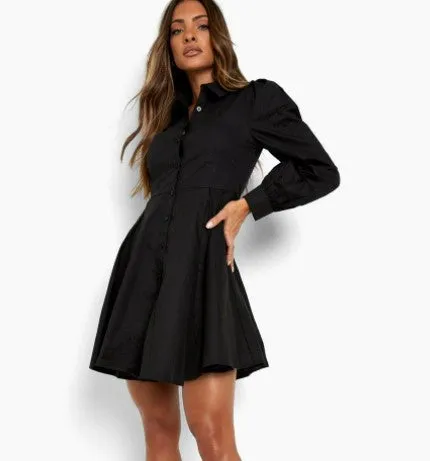 Black Cotton Balloon Sleeve Pleat Detail Shirt Dress