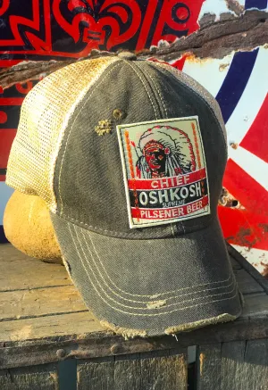 Chief Oshkosh Pilsener Wisconsin Hat - Distressed Black snapback