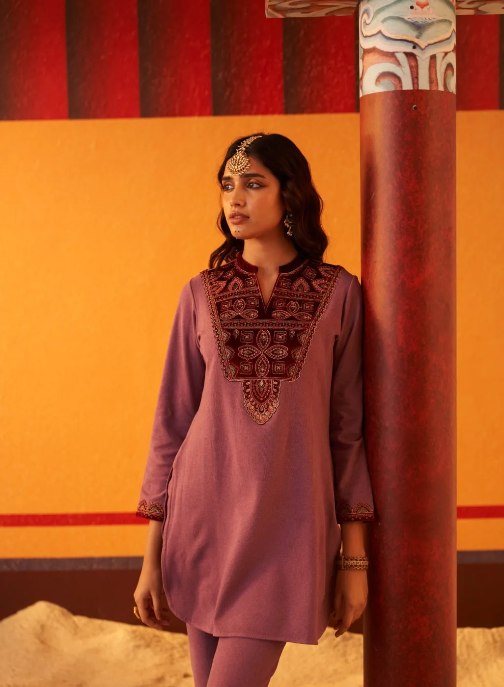 Lilac Embroidered Woollen Kurta Set