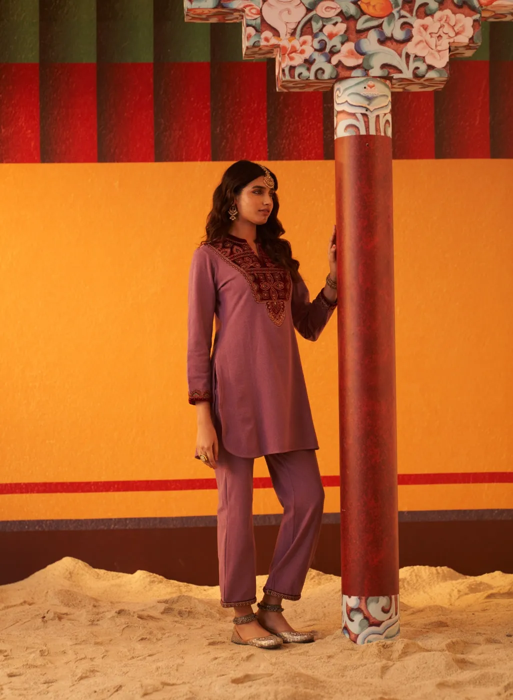 Lilac Embroidered Woollen Kurta Set