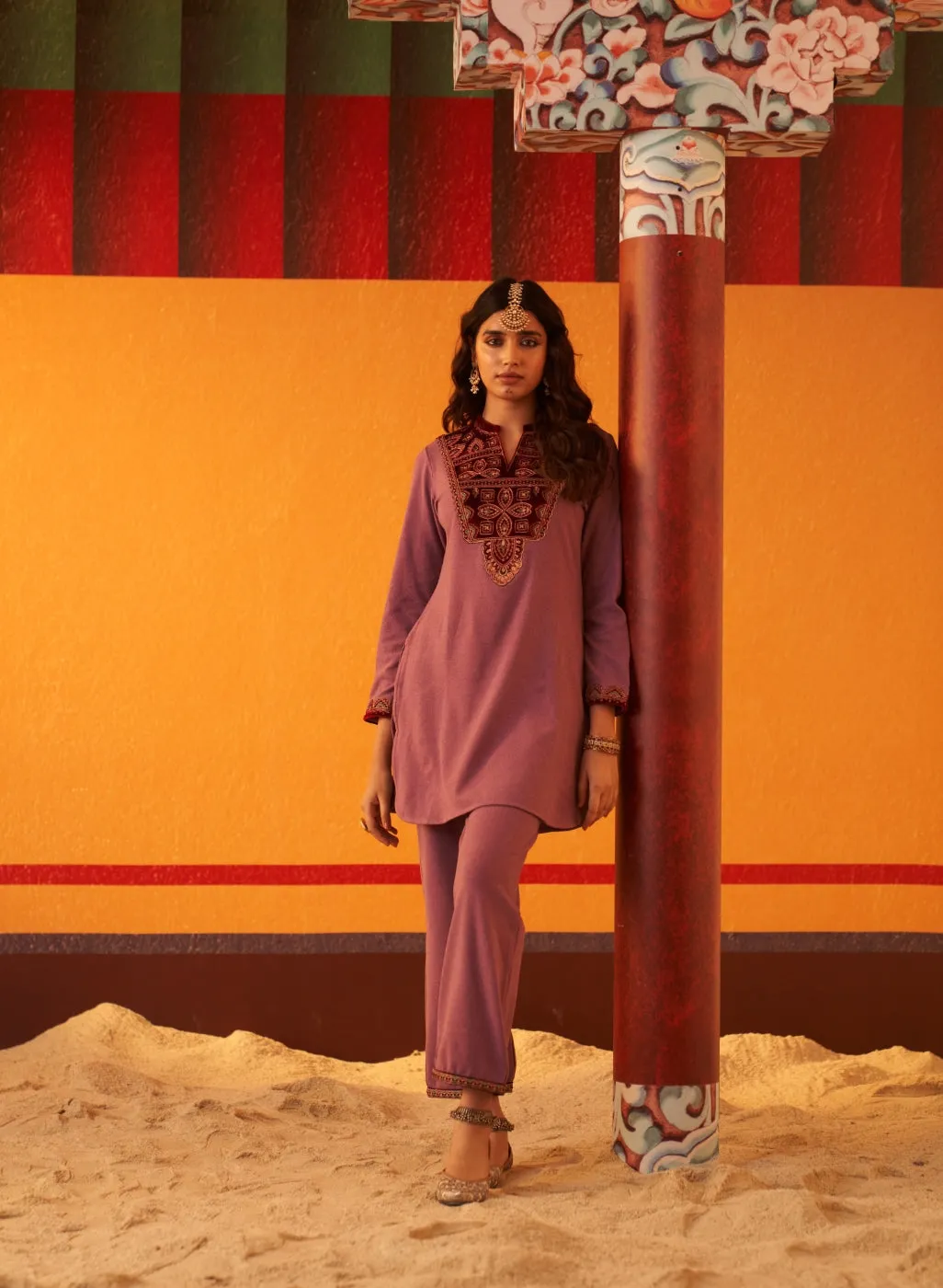 Lilac Embroidered Woollen Kurta Set