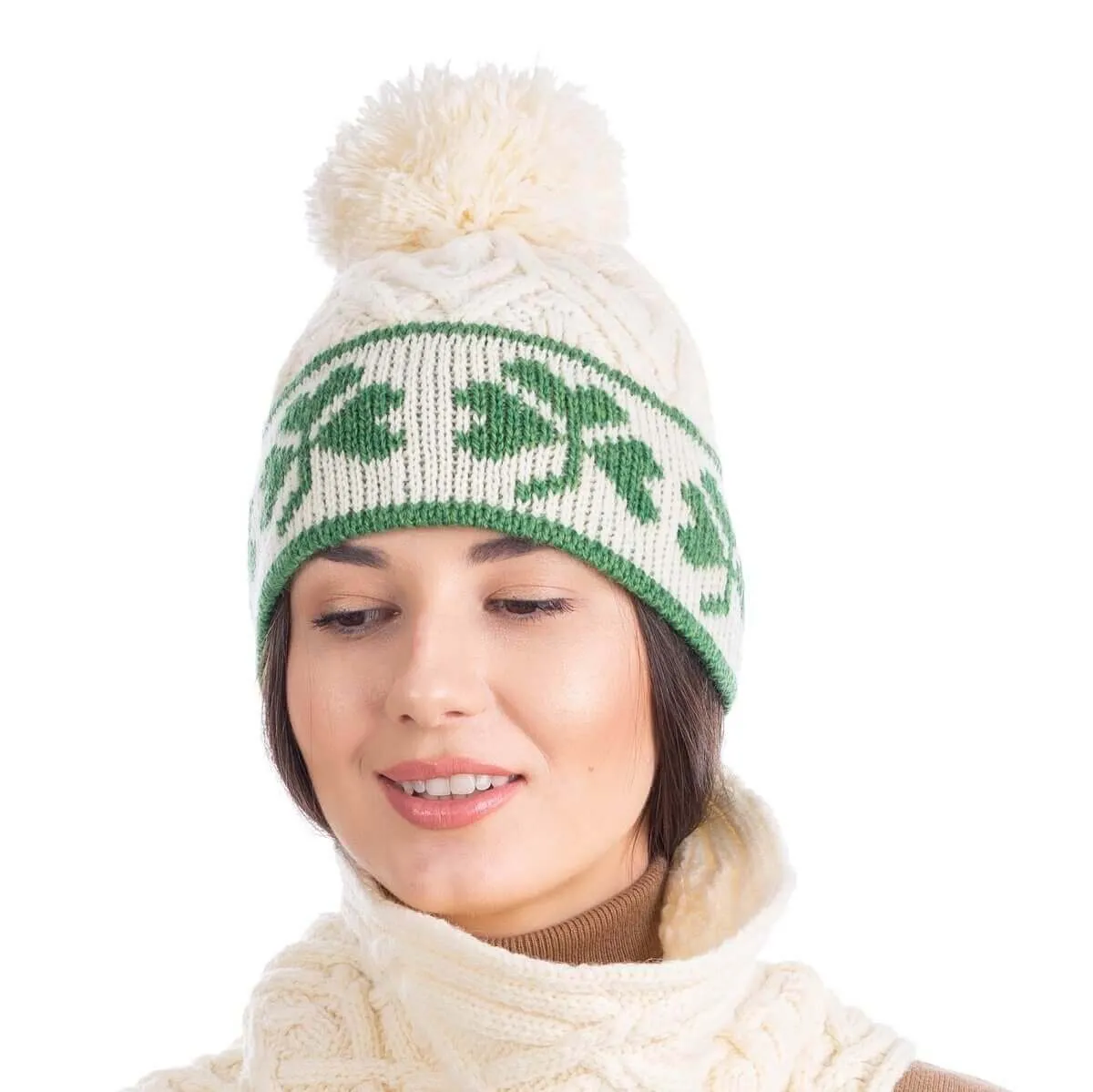 Merino Wool Shamrock Bobble Aran Hat