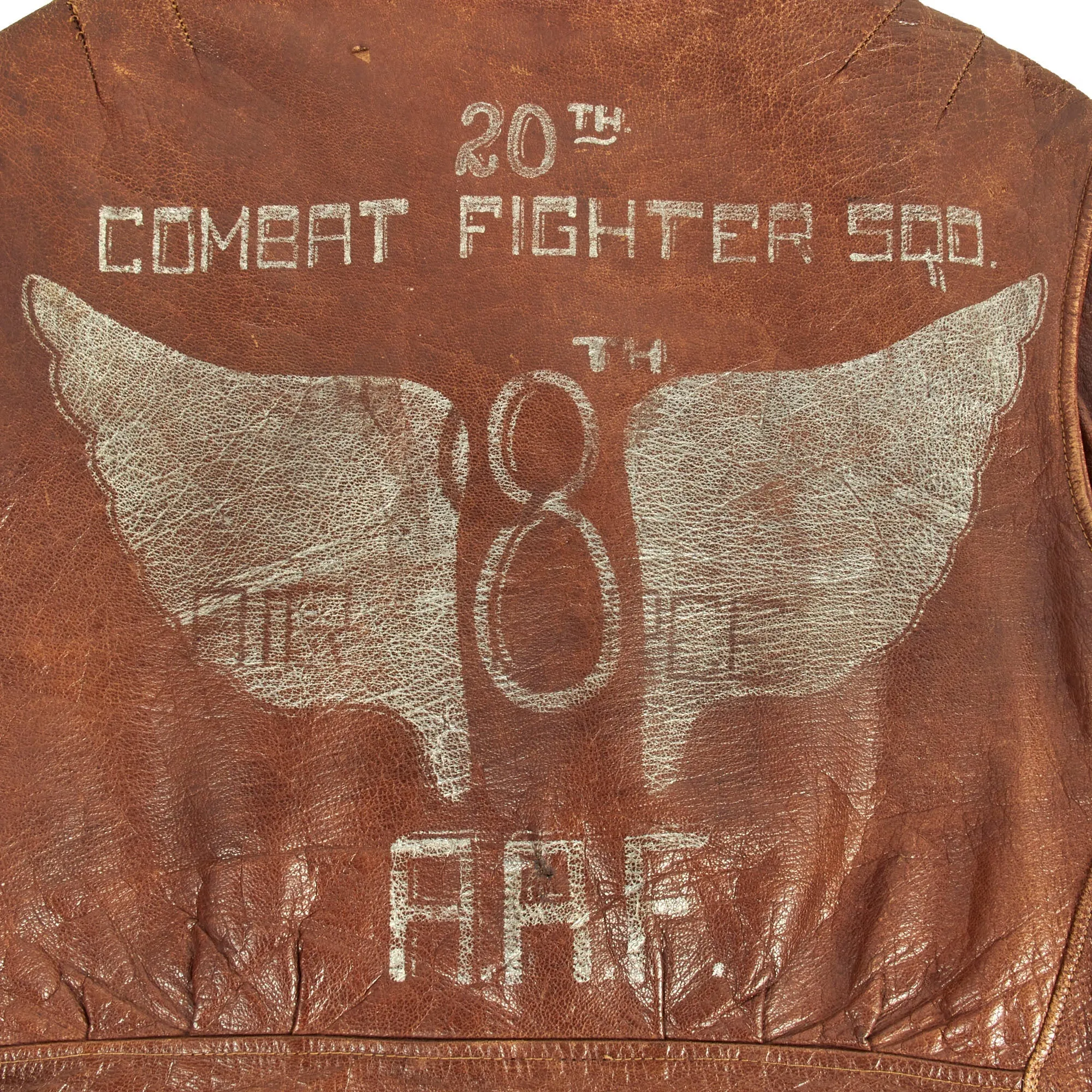 Original U.S. WWII British Made A-2 Style 20th Combat Fighter Squadron, 8th Air Force Painted Leather Motorcycle Jacket