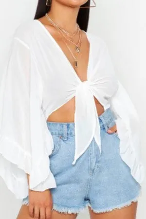 White Petite Ruffle Sleeve Tie Front Top