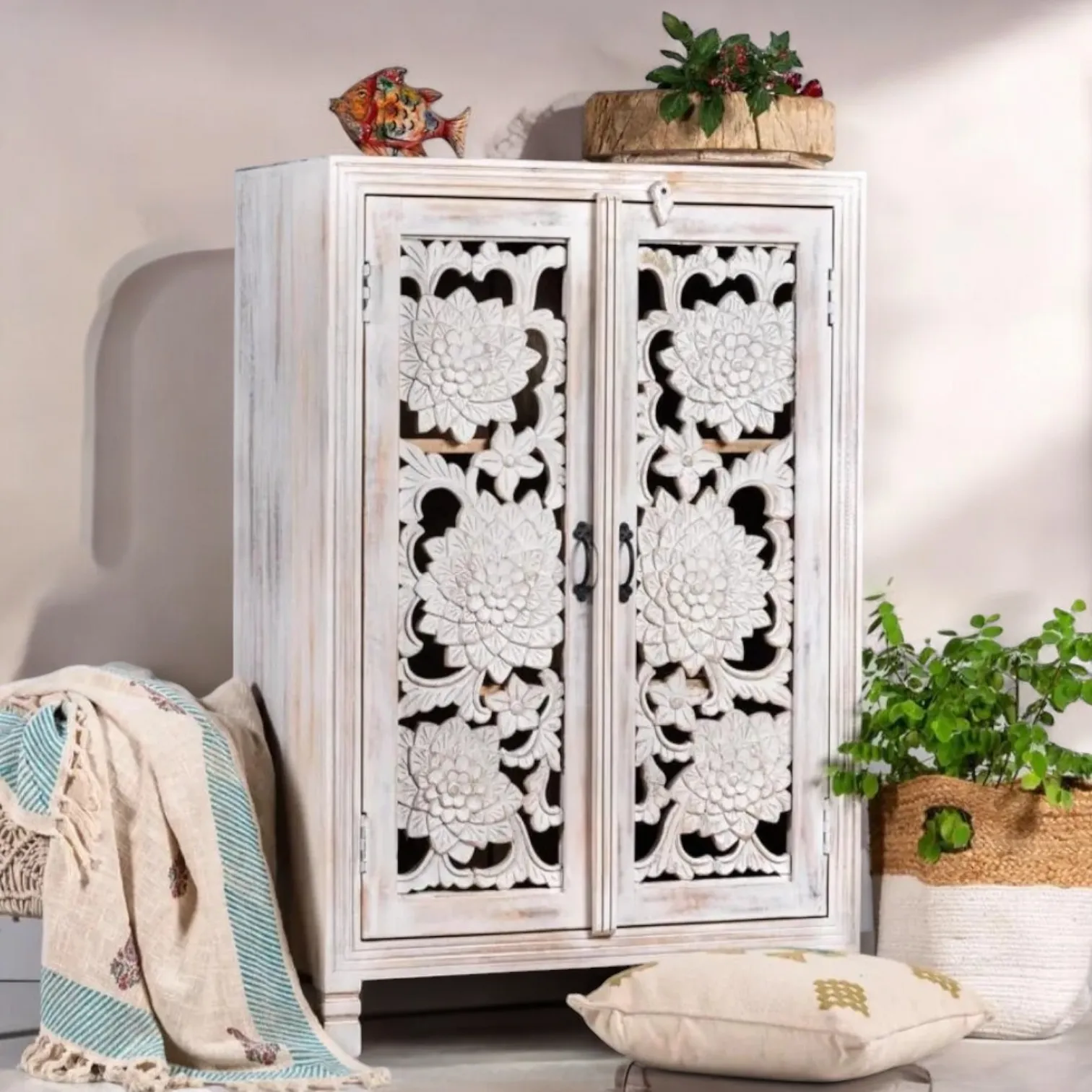 White Rustic Two Carving Door Cabinet Solid Wood