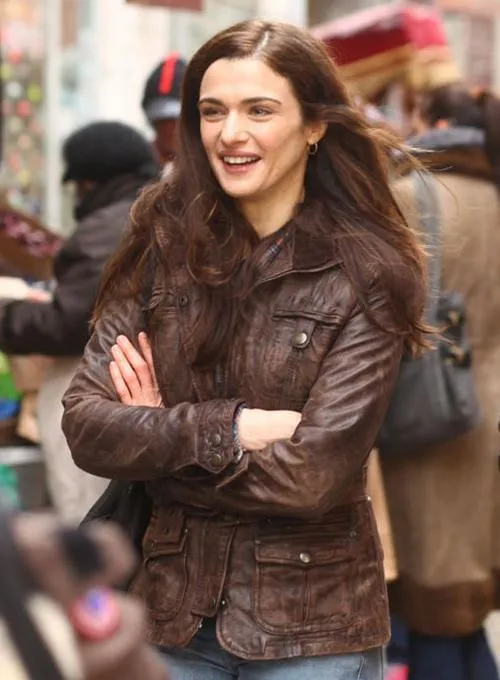 WOMENS DISTRESSED BROWN RACHEL WEISZ THE WHISTLEBLOWER LEATHER MID LENGTH JACKET